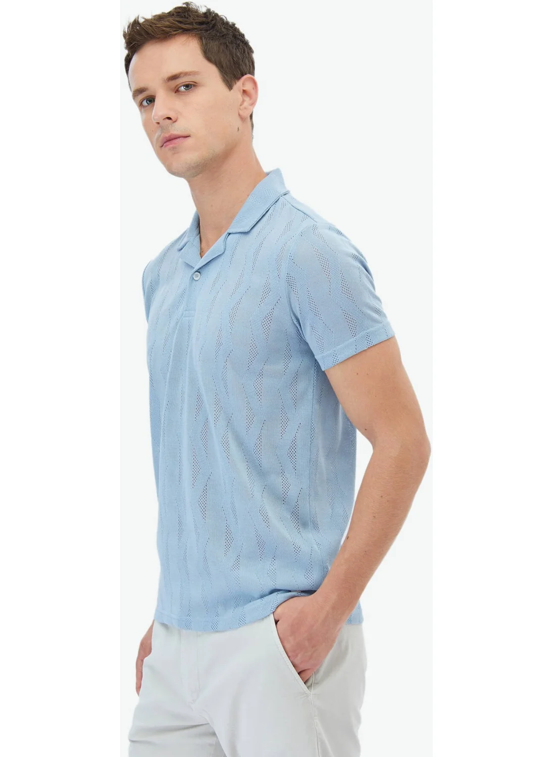 Kip Blue Jacquard Cuban Collar T-Shirt