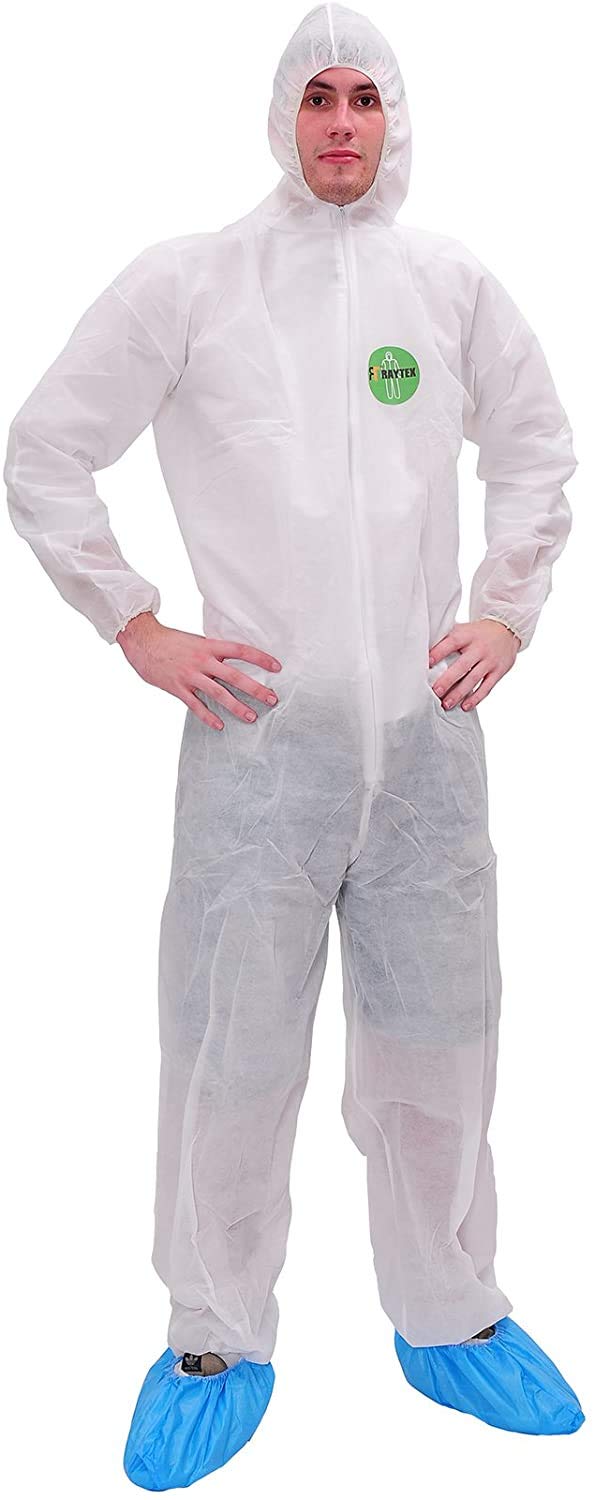 RAYGARD Painting Protective Suit Lightweight Hazmat Suits Coverall with Elastic Wrists and Ankles for Spray Industrial 1 White with Hoodie XXL