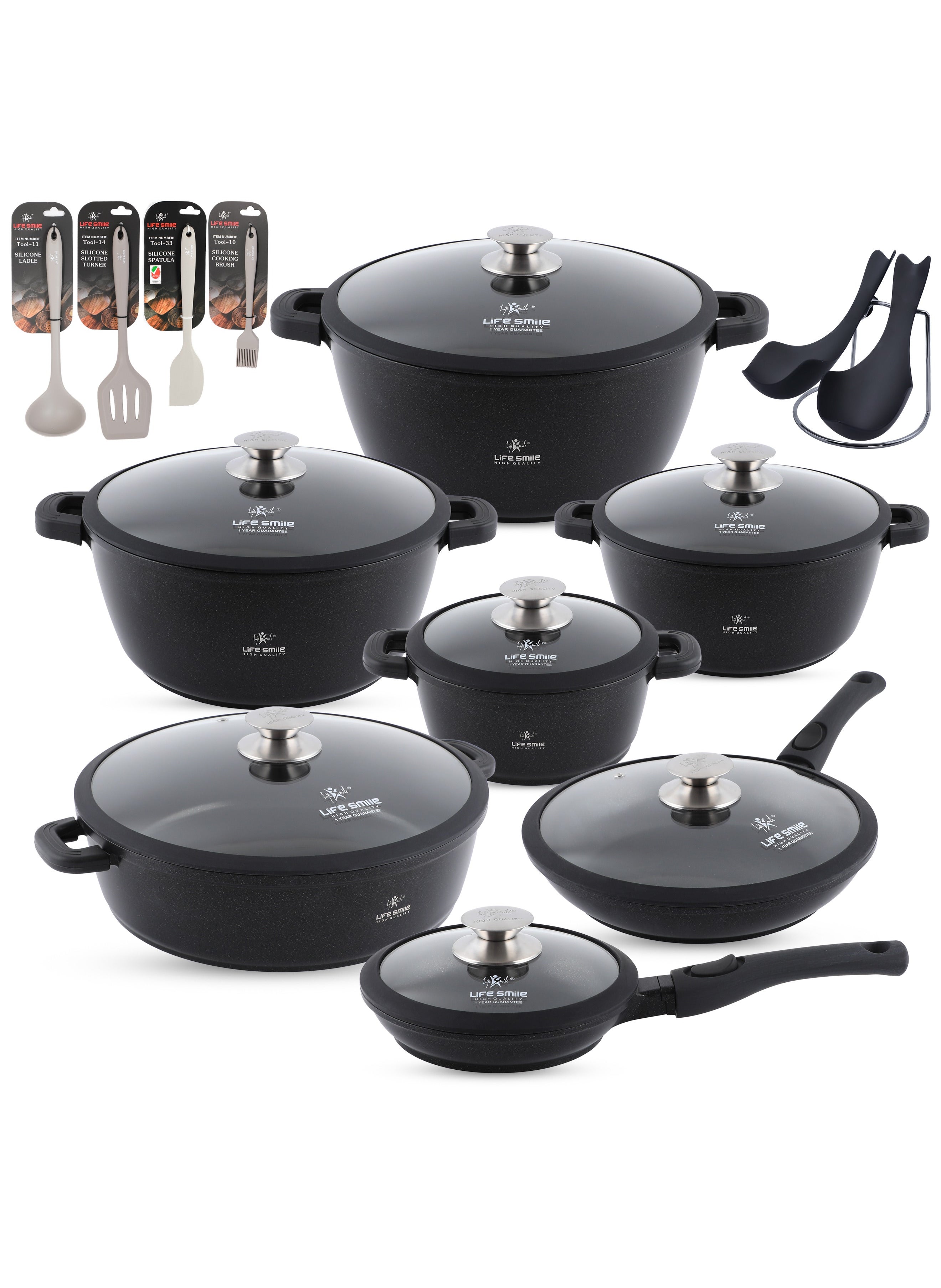 Life Smile Cookware Set 31 pieces -Pots and Pans set Granite Non Stick Coating 100% PFOA FREE, Induction Base Cooking Set include Casseroles & Shallow Pot & Fry Pans & Silicone Utensils 