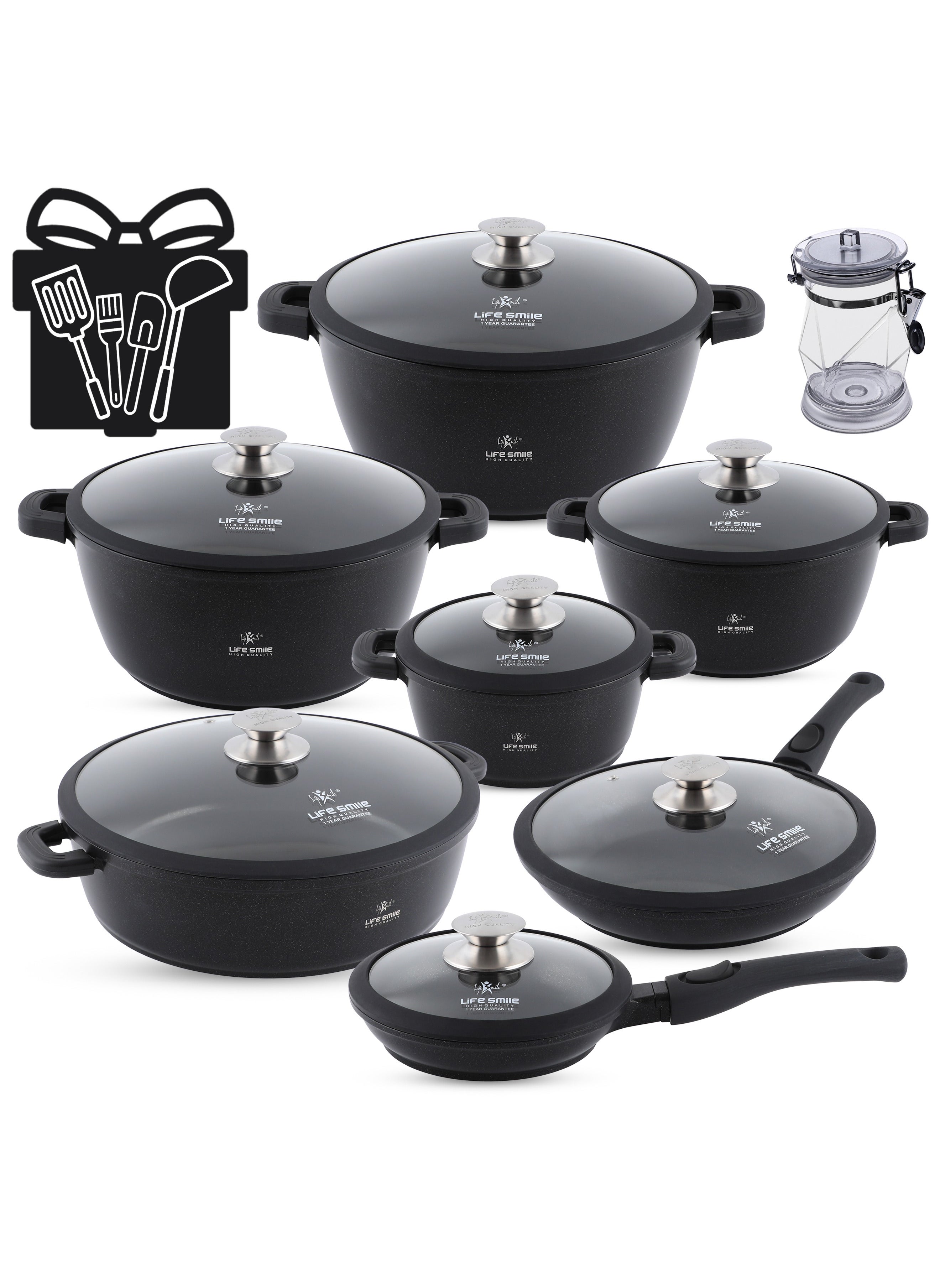 Life Smile Cookware Set 31 pieces -Pots and Pans set Granite Non Stick Coating 100% PFOA FREE, Induction Base Cooking Set include Casseroles & Shallow Pot & Fry Pans & Silicone Utensils 