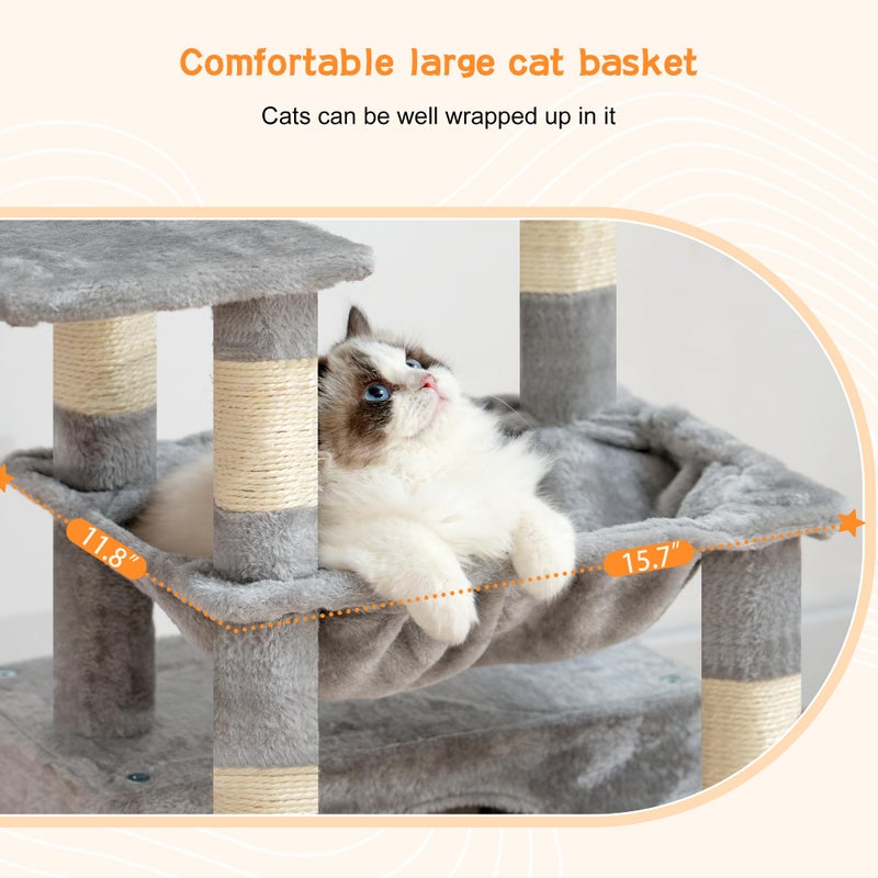 Heybly Cat Tree, Kitten Tower with Large Soft Cat Basket, Cat Condo with Spacious Cat Bed Cave with Hidden Space, Sisal-Covered Scratching Posts, Dangling Ball for Indoor Cats, Light Gray HCT008SW - Image 5