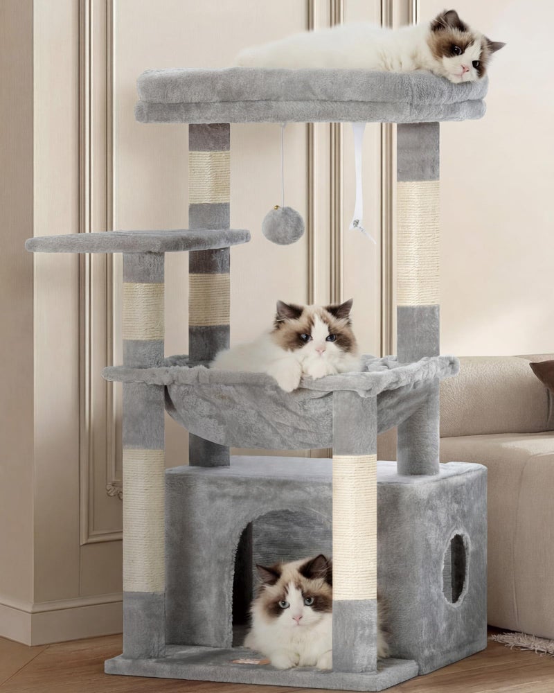 Heybly Cat Tree, Kitten Tower with Large Soft Cat Basket, Cat Condo with Spacious Cat Bed Cave with Hidden Space, Sisal-Covered Scratching Posts, Dangling Ball for Indoor Cats, Light Gray HCT008SW - Image 1