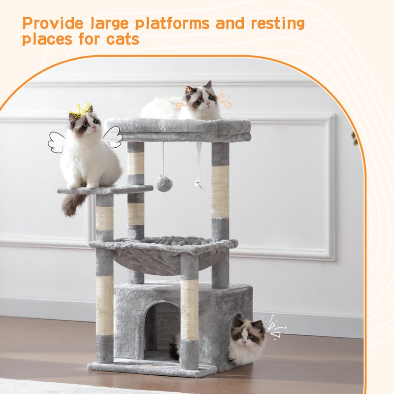 Heybly Cat Tree, Kitten Tower with Large Soft Cat Basket, Cat Condo with Spacious Cat Bed Cave with Hidden Space, Sisal-Covered Scratching Posts, Dangling Ball for Indoor Cats, Light Gray HCT008SW - Image 2