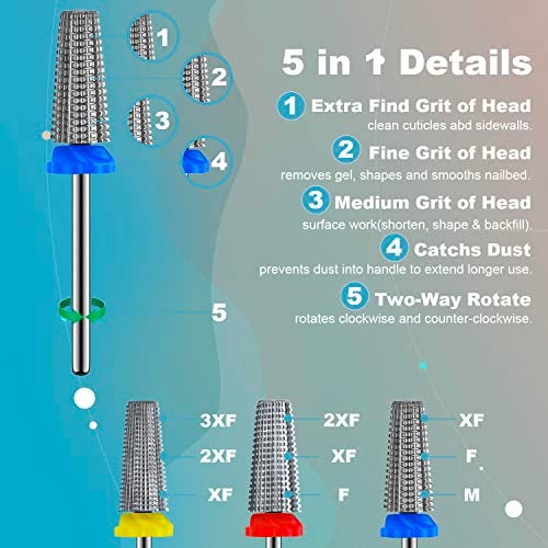 Depvko 3Pcs Carbide 5 in 1 Nail Drill Bit Set- Two Way Rotate Use for Both Left and Right Handed- XF， F， M 3/32 Inches Brocas Para Drill Nails for Acrylic Nail Gel Fast Remove - Image 3