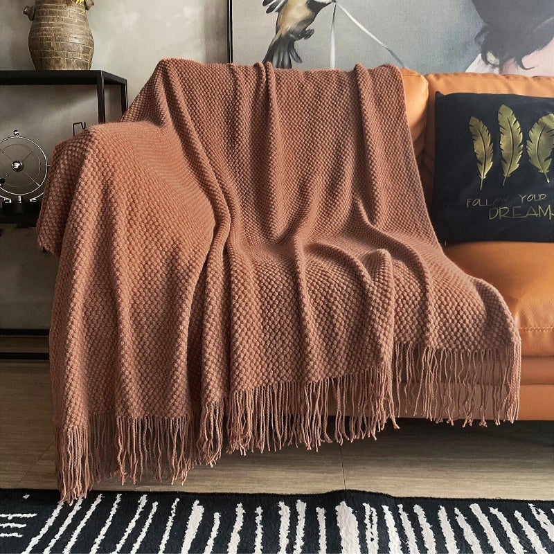 LOMAO Knitted Throw Blanket with Tassels Bubble Textured Bed Blanket Lightweight Throws for Couch Cover Home Decor Caramel 50x60