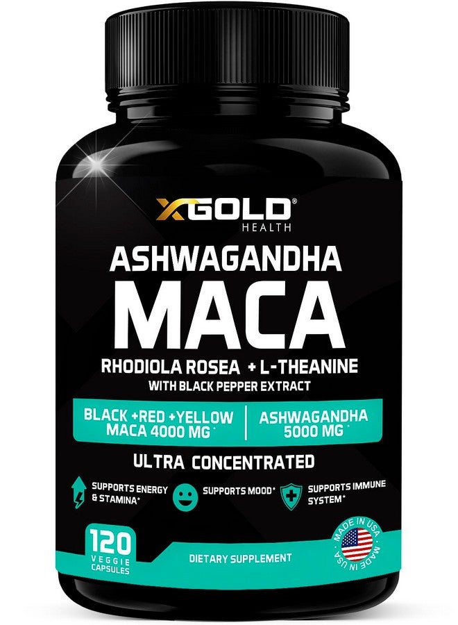 X Gold Health Ashwagandha 5,000mg + Maca Root Black, Red, Yellow 4,000mg, Rhodiola & L-Theanine: 30:1 Extract Ashwagandha Capsules, 20:1 Extract Maca Root Capsules - Supplement for Men and Women - Image 1