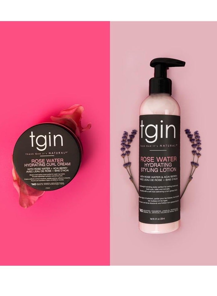 tgin Rose Water Hydrating Curl Cream 12 oz & tgin Rose Water Hydrating Styling Lotion 8 oz, for Curly, Coily and Wavy Hair, (Set)