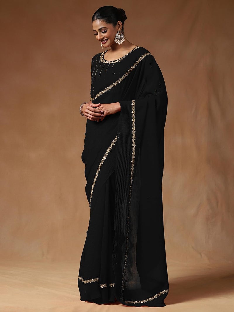 SAREE MALL Women's Black Tissue Embellished Saree With Unstitched Blouse Piece (ANIKA1502_AG) - Image 4