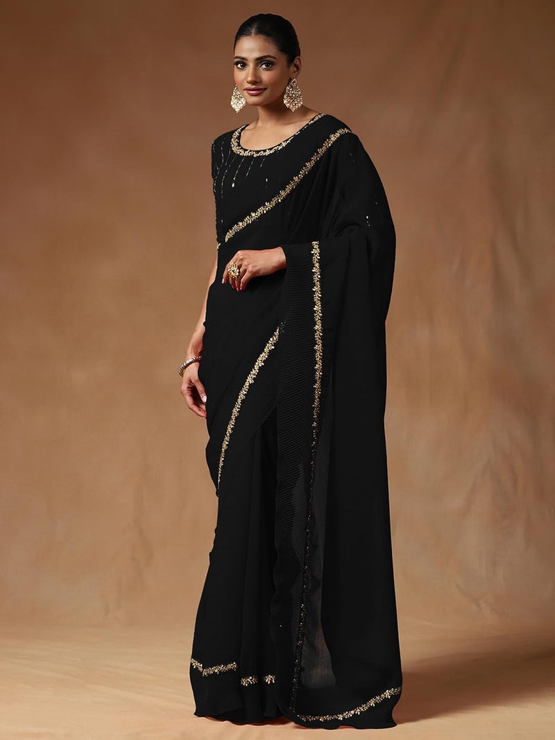 SAREE MALL Women's Black Tissue Embellished Saree With Unstitched Blouse Piece (ANIKA1502_AG) - Image 3