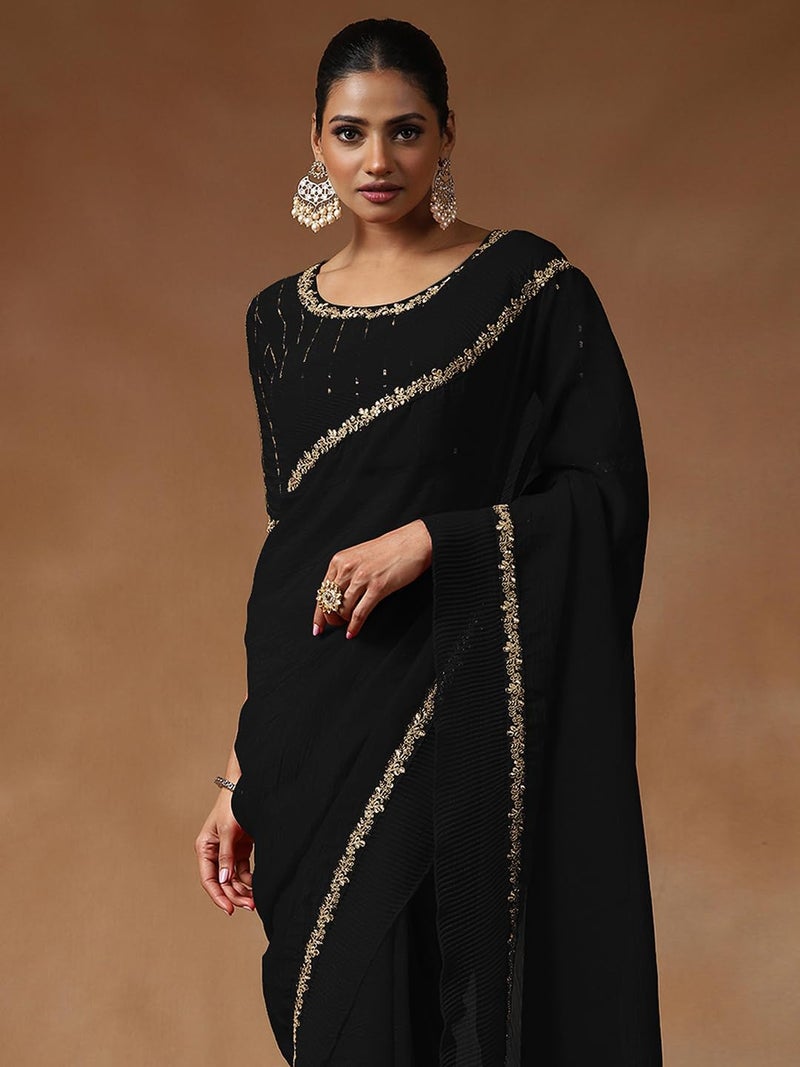 SAREE MALL Women's Black Tissue Embellished Saree With Unstitched Blouse Piece (ANIKA1502_AG) - Image 5