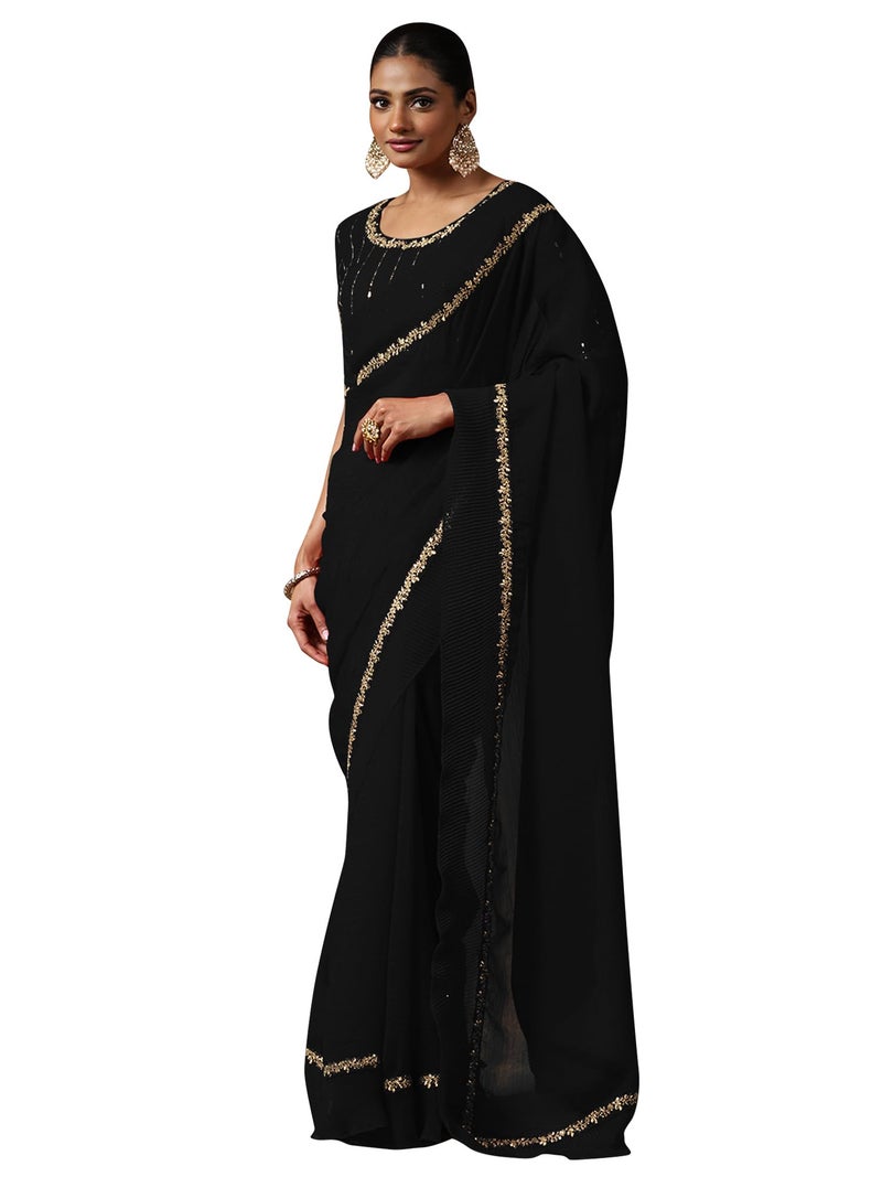 SAREE MALL Women's Black Tissue Embellished Saree With Unstitched Blouse Piece (ANIKA1502_AG) - Image 1