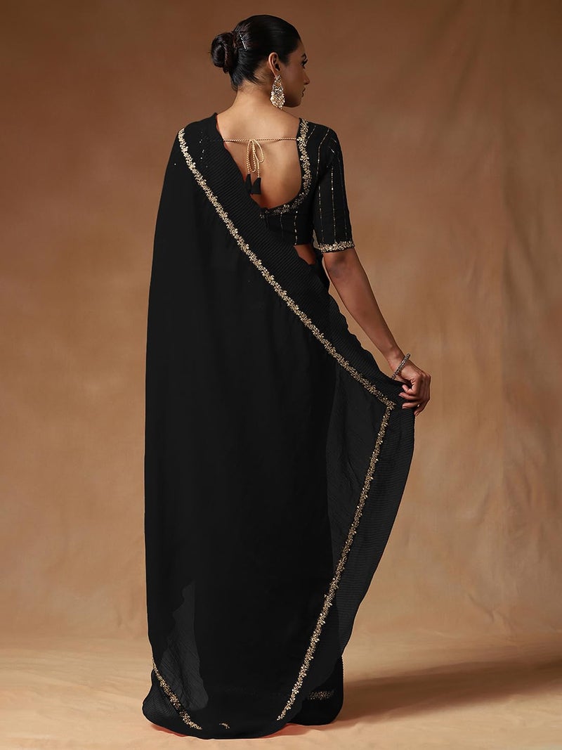 SAREE MALL Women's Black Tissue Embellished Saree With Unstitched Blouse Piece (ANIKA1502_AG) - Image 2