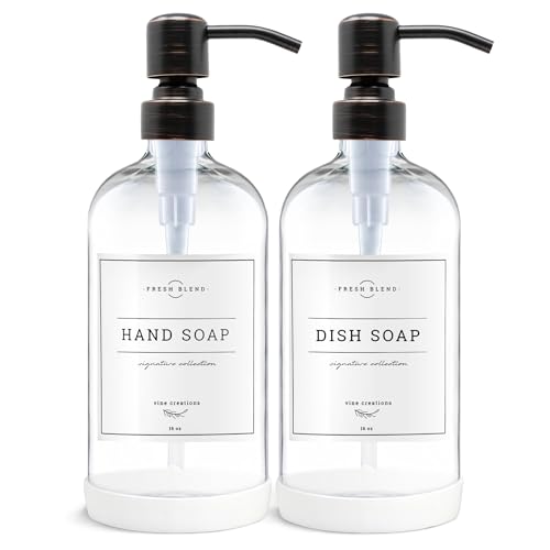 Vine Creations Clear Glass Soap Dispenser, 2 Pack Kitchen Soap Dispenser Set with Stainless Steel Pump, 16 oz Dish Soap and Hand Soap Dispensers for Bathroom with Waterproof Labels - Image 1