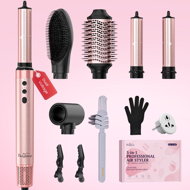 Brightup Dual Voltage Hair Styler - 5 in 1 High Speed Hot Air Styler 1400W Blow Dryer Brush, Negative Ions, Cool Shot Button, Curler, Volumizer, Straighter, No Heat Damage, with Travel Bag - Image 1