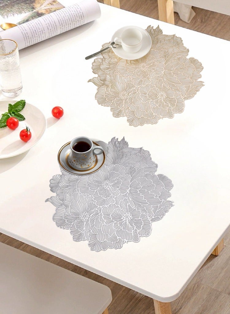 Set Of 6 Round Table Place Mats Silver Rose 15inch, PVC Place Mat Vinyl Hollow Out Heat Insulation Washable Silver Table Mats for Dining Table 40x40CM, Flower Pattern - Image 4