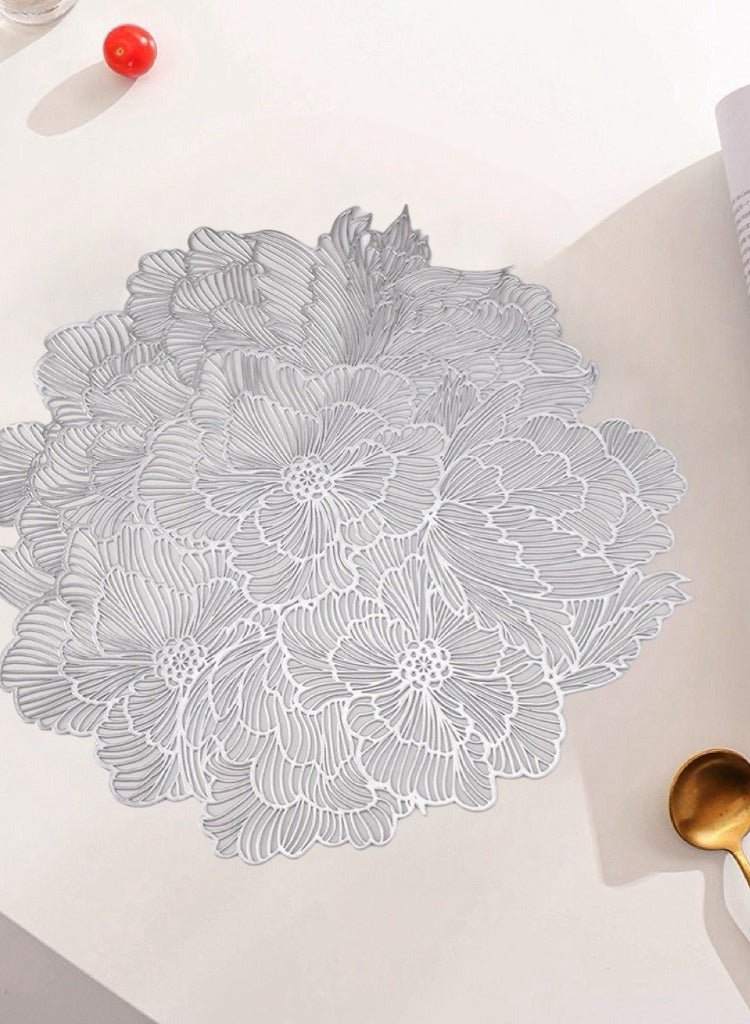 Set Of 6 Round Table Place Mats Silver Rose 15inch, PVC Place Mat Vinyl Hollow Out Heat Insulation Washable Silver Table Mats for Dining Table 40x40CM, Flower Pattern - Image 1