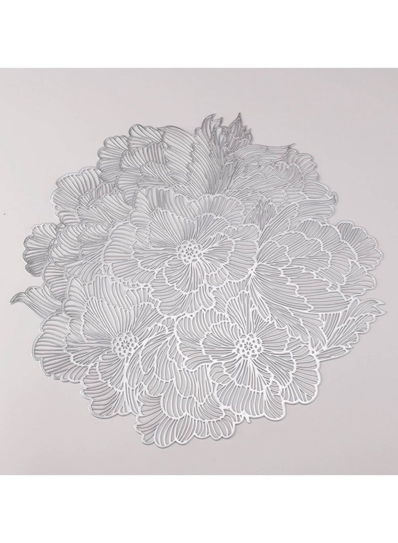Set Of 6 Round Table Place Mats Silver Rose 15inch, PVC Place Mat Vinyl Hollow Out Heat Insulation Washable Silver Table Mats for Dining Table 40x40CM, Flower Pattern - Image 2