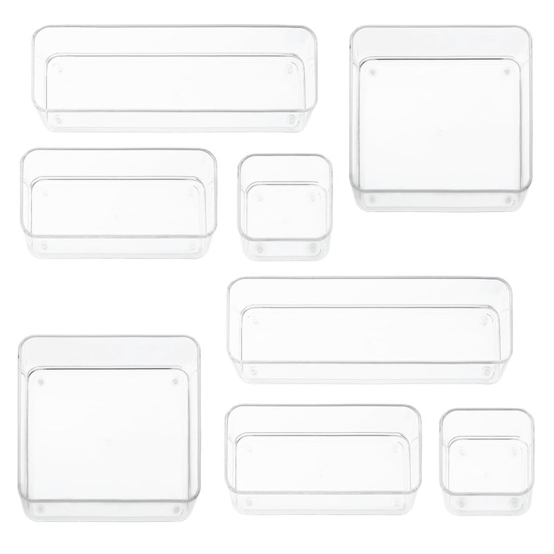 primebox Eight Piecs. Plastic Clear Drawer Organizers for Bathroom, Kitchen, Bedroom, Office Organizer Bins, Storage Trays. Heavy Duty, Stackable 4 Sizes - Image 1