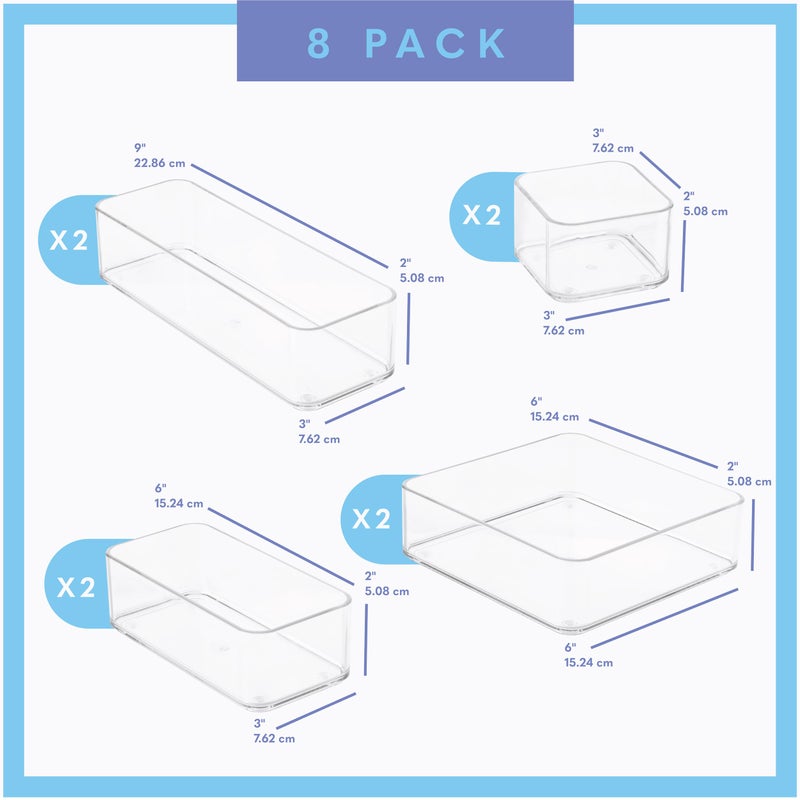 primebox Eight Piecs. Plastic Clear Drawer Organizers for Bathroom, Kitchen, Bedroom, Office Organizer Bins, Storage Trays. Heavy Duty, Stackable 4 Sizes - Image 3