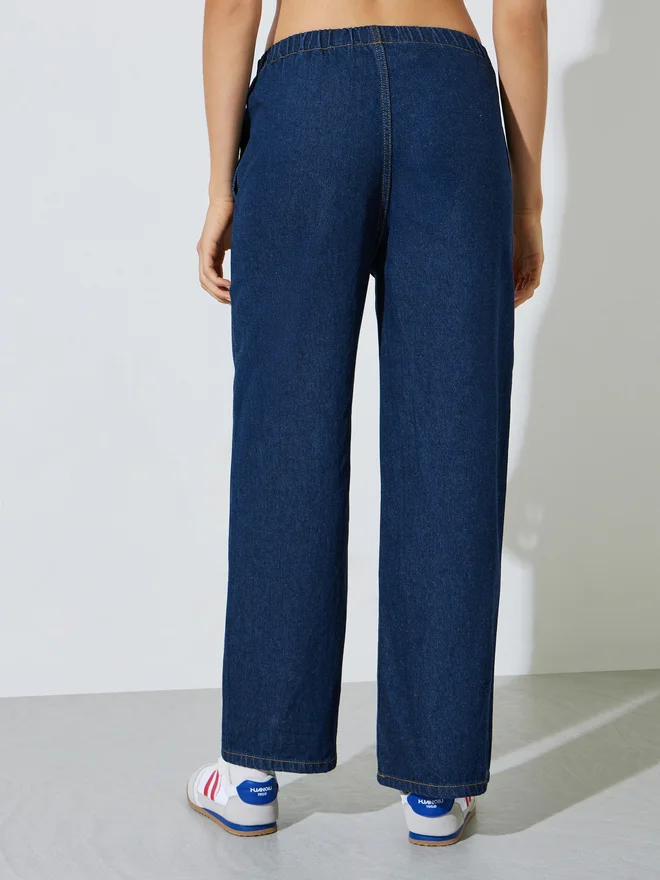 Styli blue Styli Dark Blue Straight Fit Jogger Style Jeans with Patch Pocket for Women | Best Price UAE