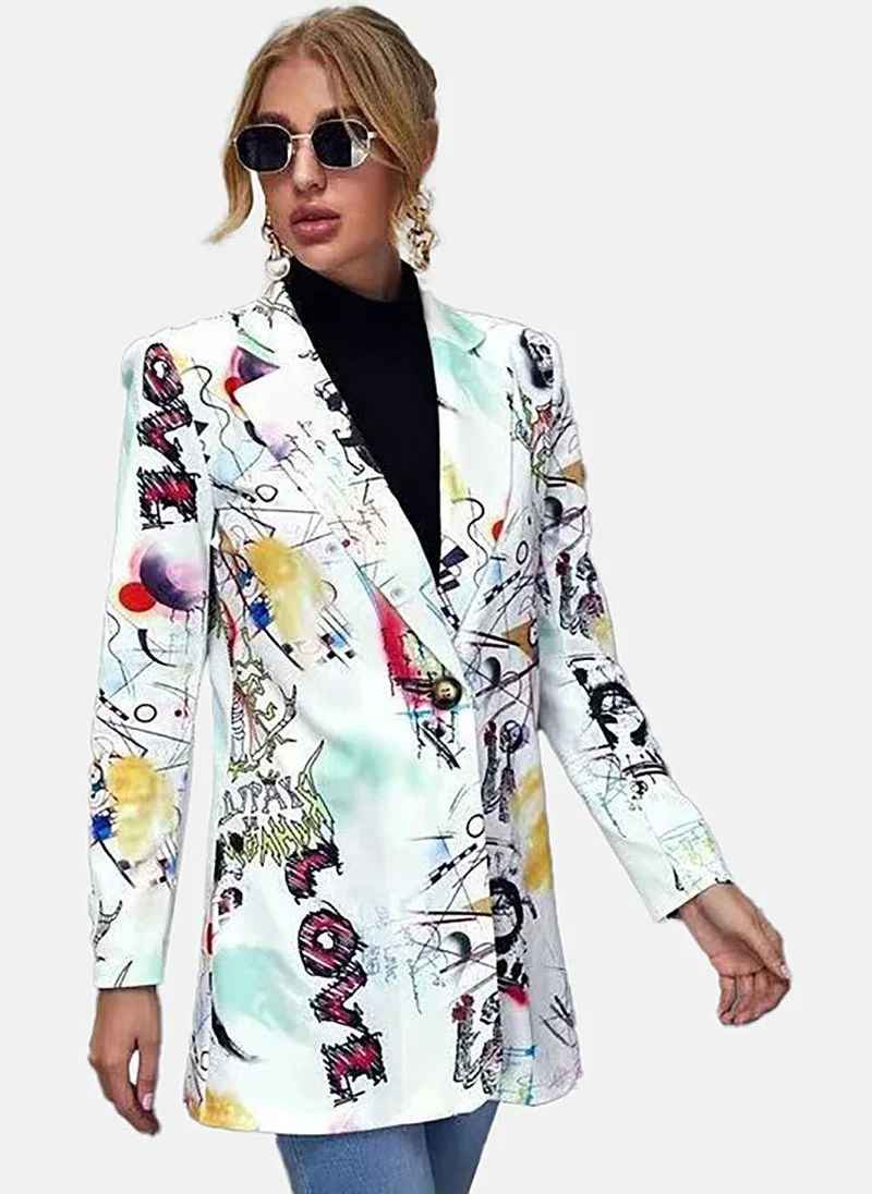 يونيكي White Printed Notch Lapel Blazer