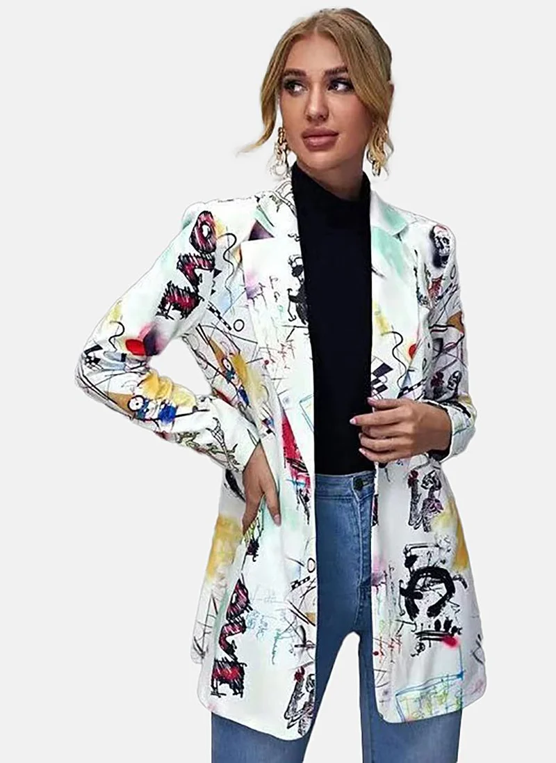 يونيكي White Printed Notch Lapel Blazer
