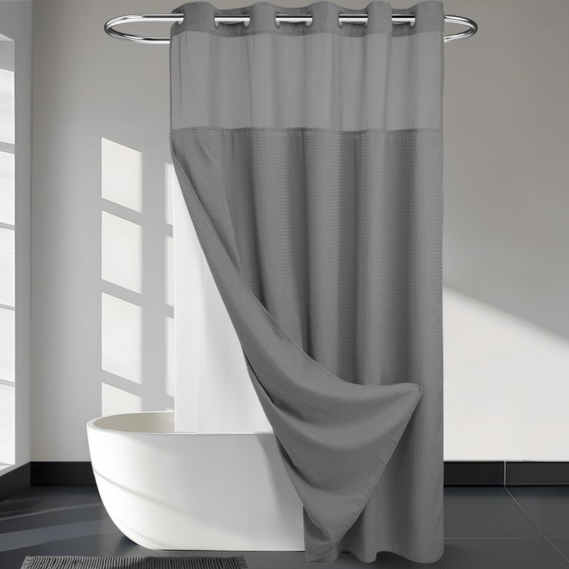 Heavyweight No Hooks Required Dotted Waffle Weave Shower Curtain with Snap in Liner Extra Long 71W x 86HHotel GradeSpa Like Bath CurtainGray