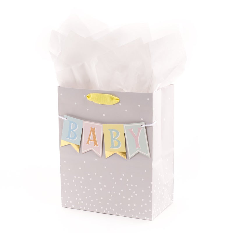 Hallmark 9 Medium Baby Gift Bag with Tissue Paper - Baby Banner in Grey, Pink and Blue for Baby Showers, New Parents, and More - Image 1