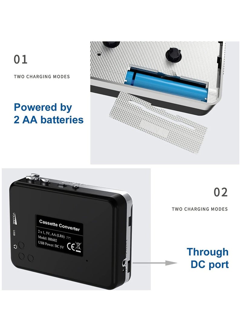 Portable Cassette Player/Cassette to MP3 Converter Capture Cassette Tape to MP3/CD Audio via USB –Converter Retro with Earphones, Compatible with Cell Phone Charger | USB Cable & User Manual Included  - Image 4