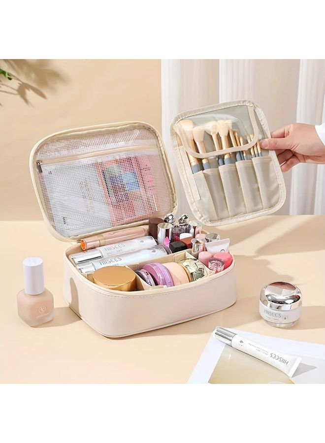 حقيبة منظم مكياج سعة كبيرة بلون البيج مع عدة أقسام مناسبة للسفر - Image 4