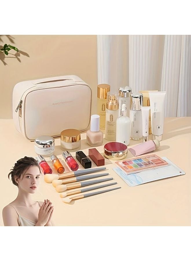 حقيبة منظم مكياج سعة كبيرة بلون البيج مع عدة أقسام مناسبة للسفر - Image 3