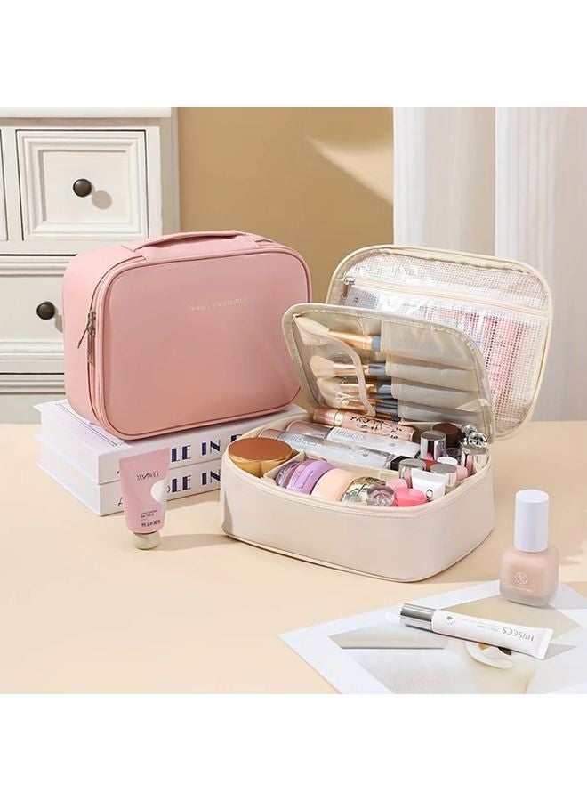 حقيبة منظم مكياج سعة كبيرة بلون البيج مع عدة أقسام مناسبة للسفر - Image 2