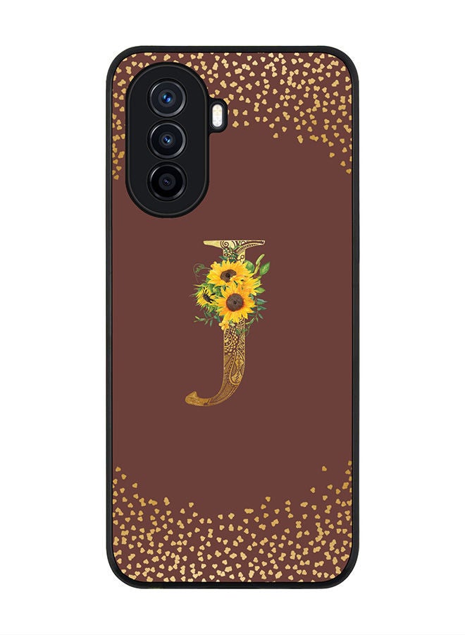 Stylizedd Rugged Black edge case for Huawei Nova Y70  Slim fit Soft Case Flexible Rubber Edges Anti Drop TPU Gel Thin Cover - Custom Monogram Initial Letter Floral Pattern Alphabet - J (Brown ) - Image 1