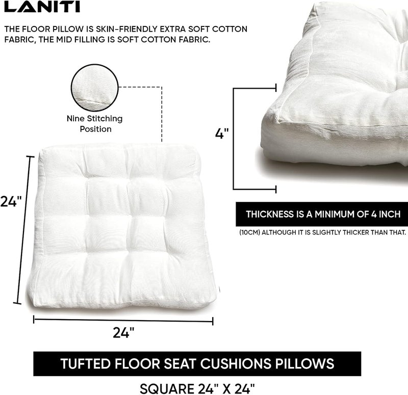LANITI 24” Inch Extra Large Floor Cushions Tufted Floor Pillow for Adults Square Meditation Ultimate Comfort Oversized Pillows for Floor Cushion (White) - Image 5