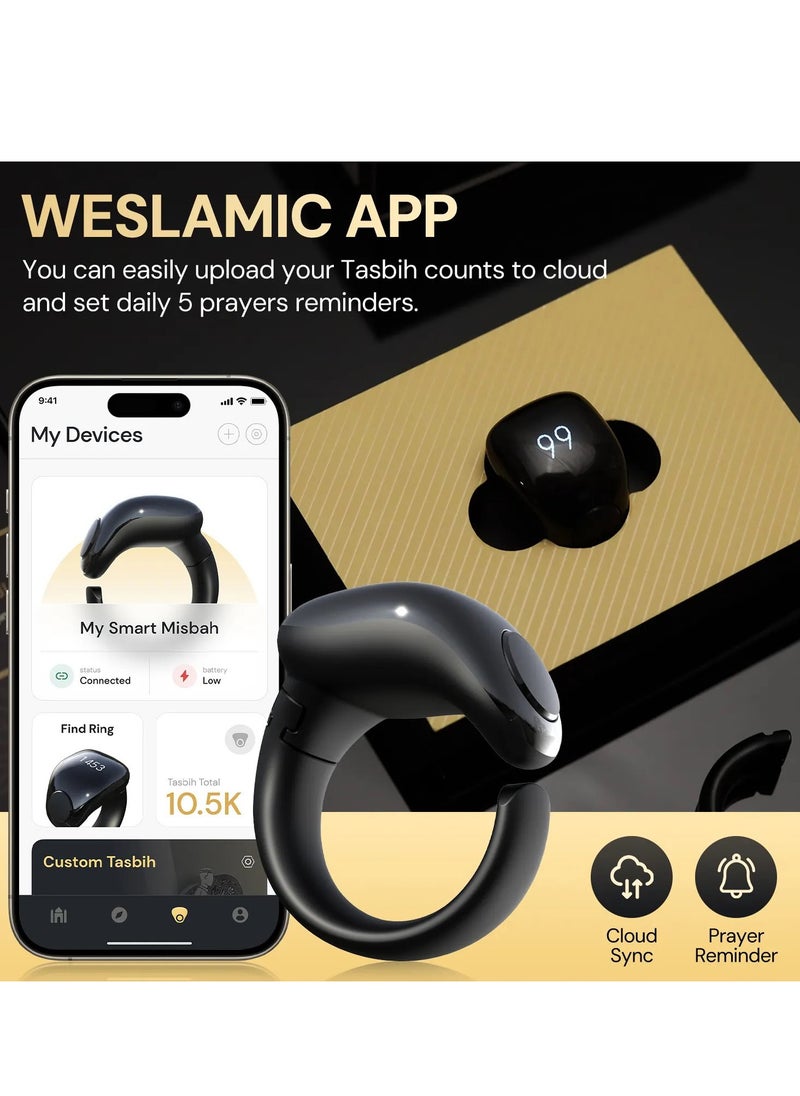 WESLAMIC Smart Tasbih Counter Zikr Ring – Digital Tasbeeh Counter with OLED Display, App Support, Magnetic Charging, Waterproof Design, Prayer Reminder, Sleek Black – Modern Islamic Gadget for Daily Zikr & Prayer Tracking (20mm & 22mm)  - Image 2