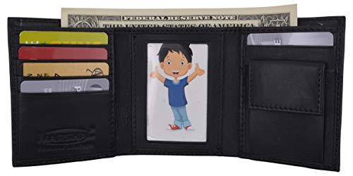 MARSHAL Genuine Leather Kids Slim Compact ID and Coin Pocket Trifold Boys Wallet Black - Image 2
