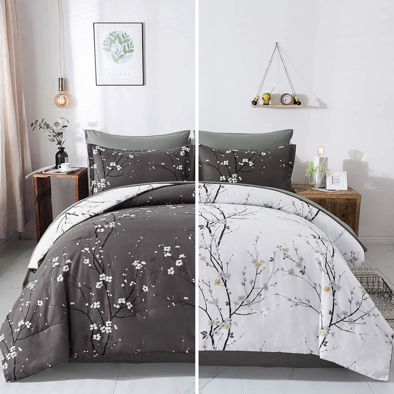 WONGS BEDDING WONGS BEDDING 7 Pieces Bed in a Bag King Floral Reversible Comforter Set Flower Plum Bedding Set King Size1 Comforter2 Pillowcase2 Pillow Shams1 Flat Sheet1 Fitted Sheet 