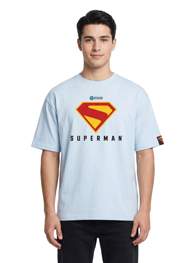 وارنر بروس. Warner Bros. Superman Logo Men’s Drop Shoulder T-Shirt | Oversized Superhero Graphic Print Casual Crew Neck Cotton Tee