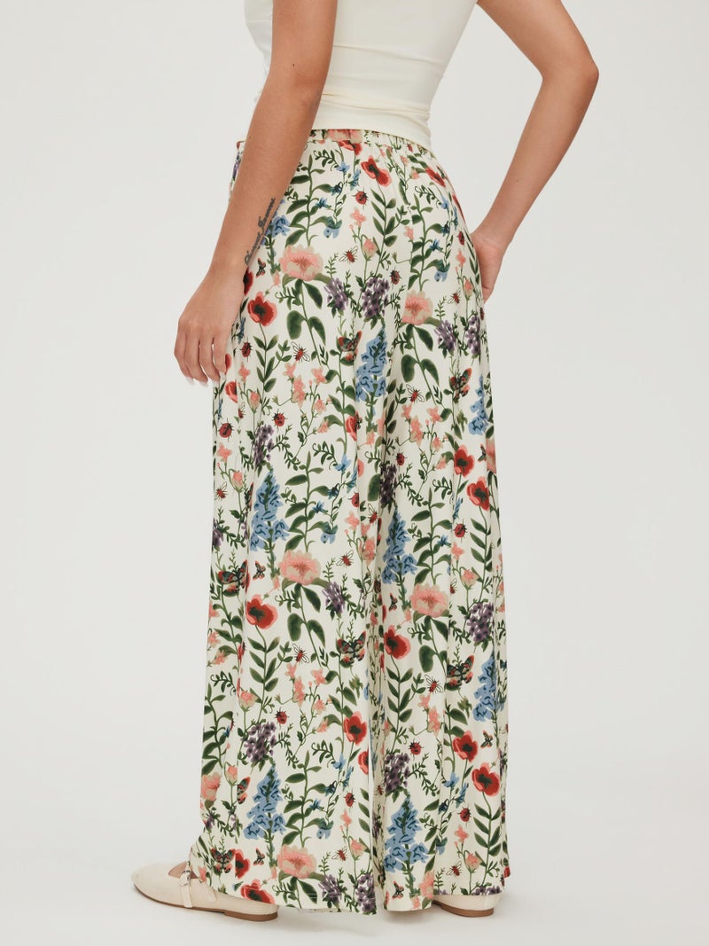 CIDER Womens Wide Leg Pants Floral Lightweight Elastic Waist Palazzo Pants Boho Summer Casual Fashion Outfits Beige - Image 4