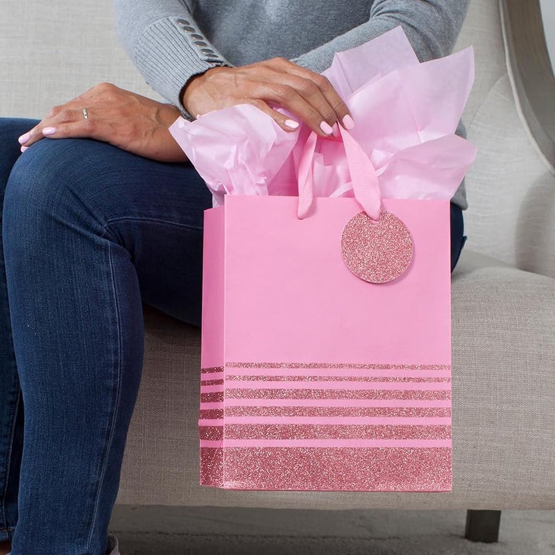 Hallmark 9 Medium Gift Bag with Tissue Paper (Pink Glitter Stripes) for Valentines Day, Birthdays, Baby Showers, Bridal Showers or Any Occasion - Image 2