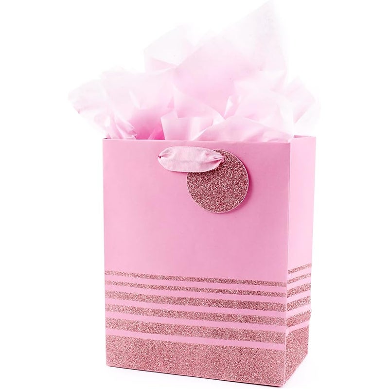 Hallmark 9 Medium Gift Bag with Tissue Paper (Pink Glitter Stripes) for Valentines Day, Birthdays, Baby Showers, Bridal Showers or Any Occasion - Image 1