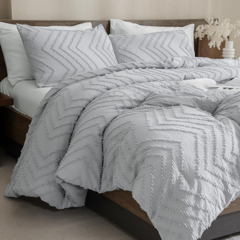 Andency Silver Grey Comforter Full Size Boho Grey Soft Warm Bedding Comforter Sets for Full Bed 3 Pieces Gray Chevron Tufted Aesthetic Microfiber Lightweight Comforter Set