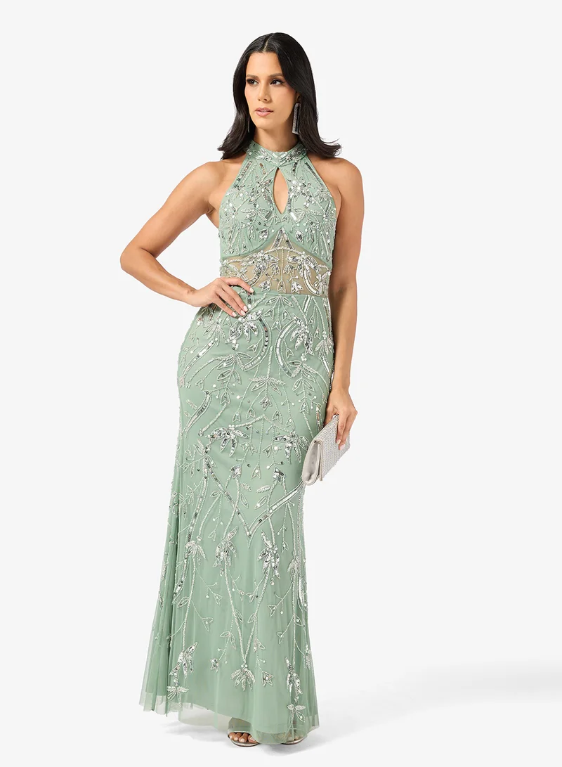 Halter Neck Bead Embellished Evening Gown