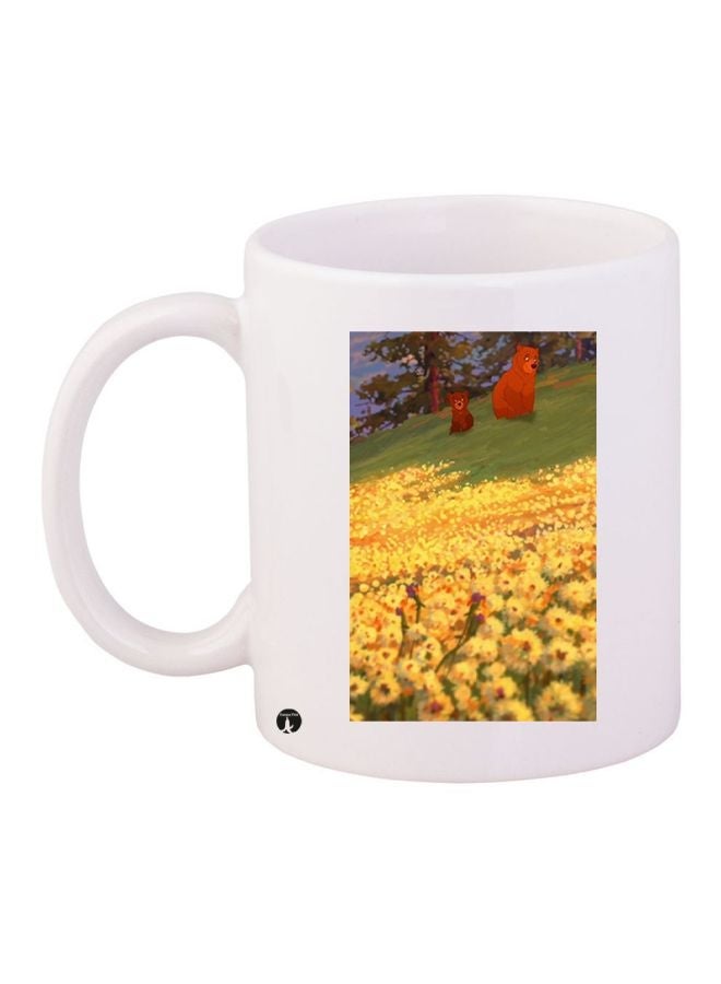 RYN Cartoon Bear Printed Coffee Mug White/Yellow/Green 11ounce