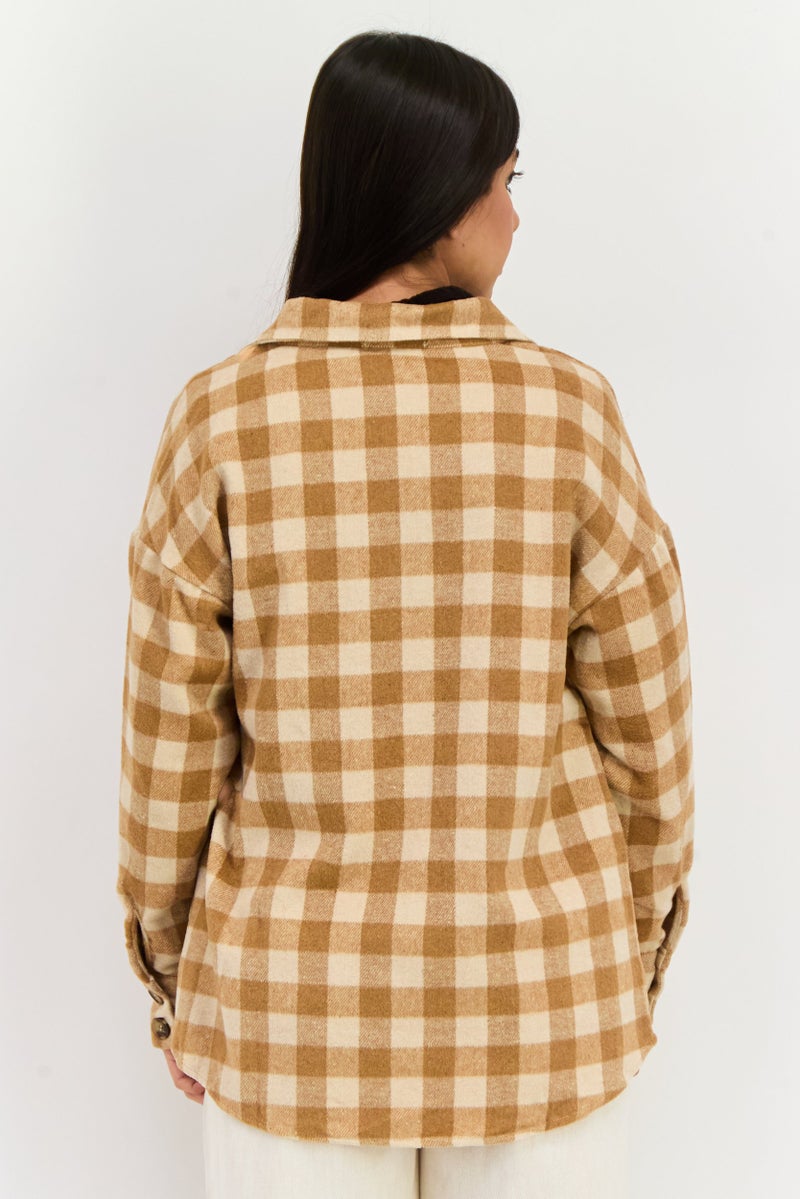 Sage The Label Women Plaid Long Sleeve Jacket Shirt, Brown  - Image 3
