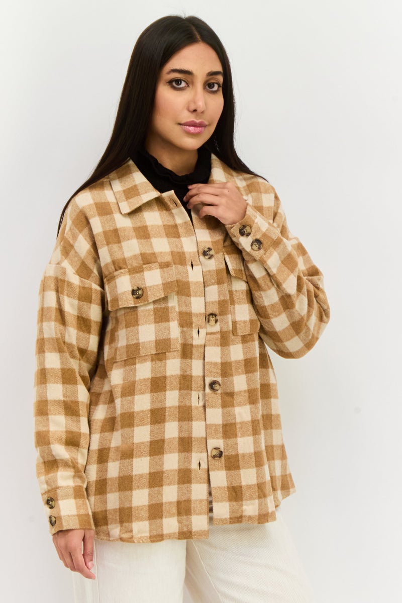 Sage The Label Women Plaid Long Sleeve Jacket Shirt, Brown  - Image 1