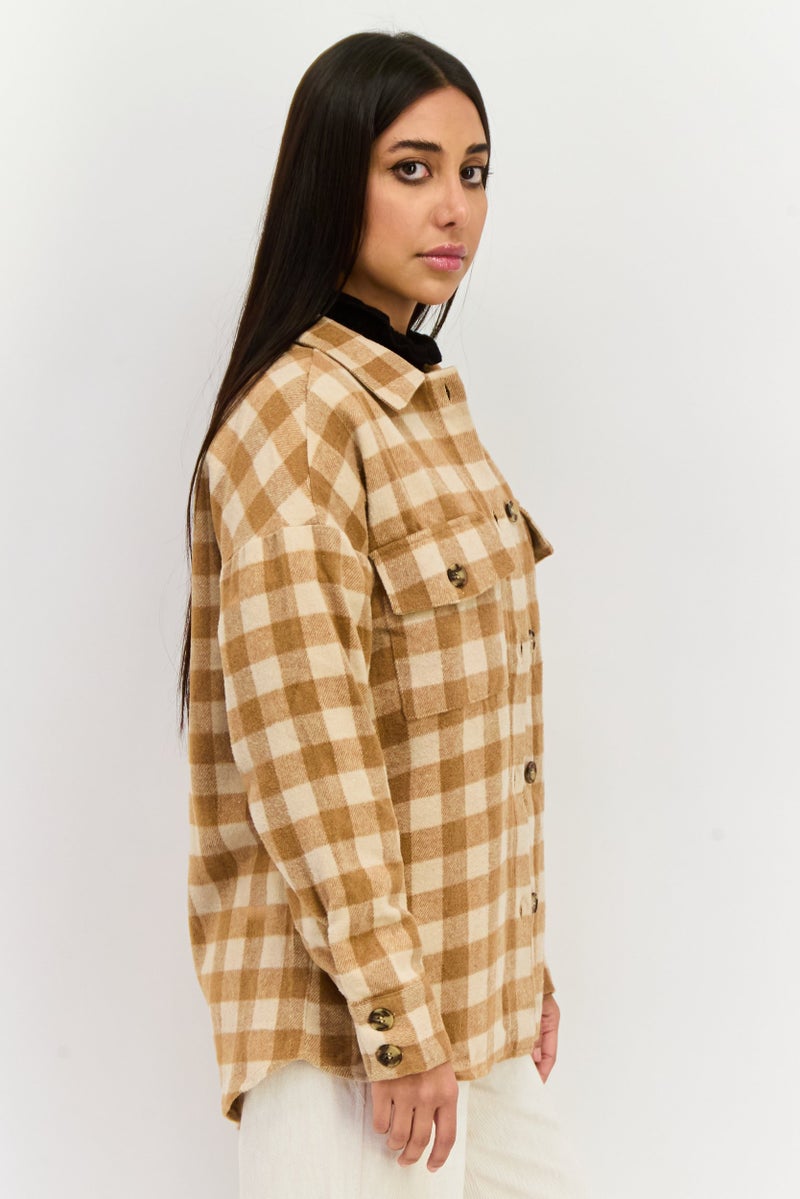 Sage The Label Women Plaid Long Sleeve Jacket Shirt, Brown  - Image 2