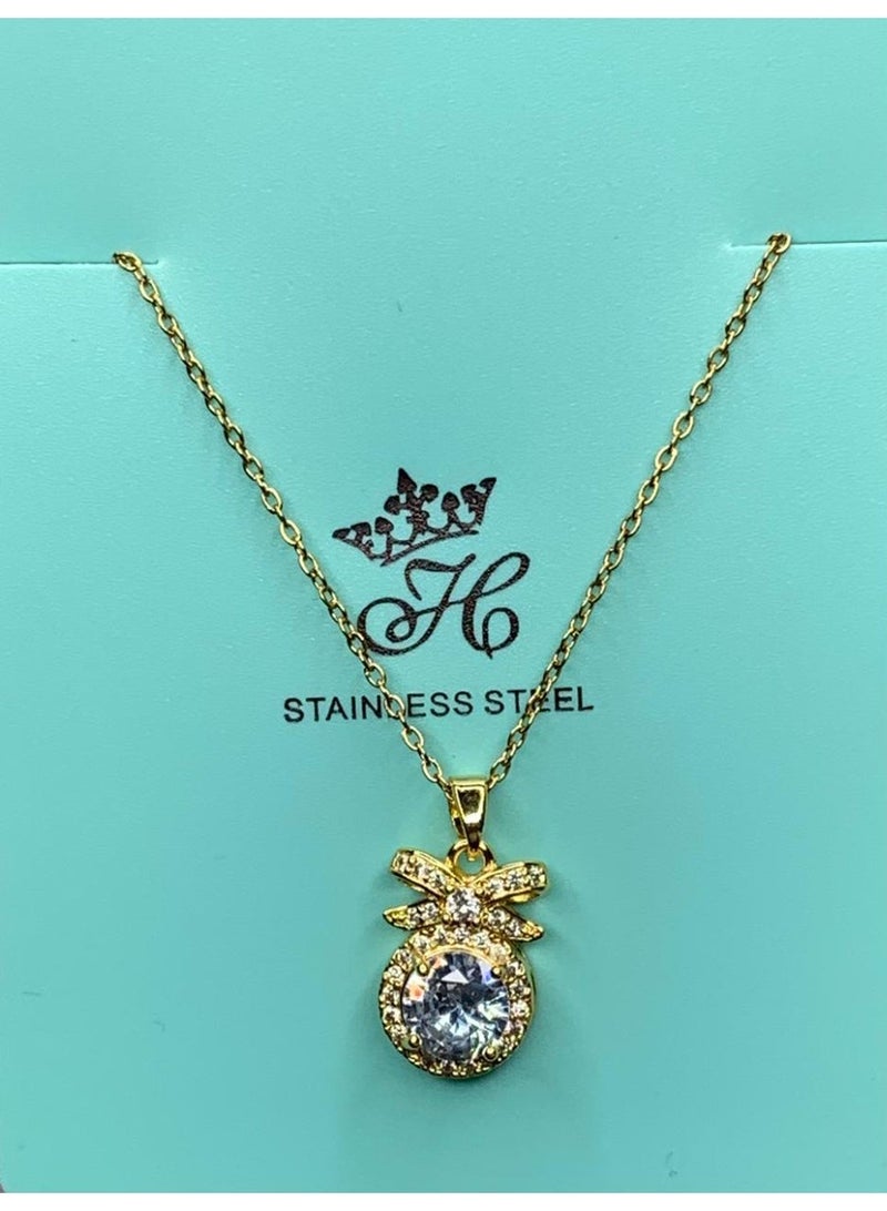 Influence Germany Gift Bow Crystal Pendant Necklace – Gold-Tone Stainless Steel - Image 1