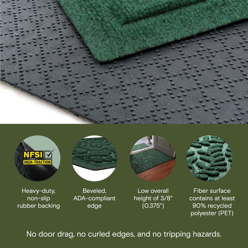 WaterHog Boxwood Front Door Mat Indoor Outdoor Entrance, Absorbent All-Weather Doormat with Non-Slip Rubber Backing, Dirt & Moisture Trapper, Low Profile & Easy Clean, Made in USA, 23"x36" Evergreen - Image 3
