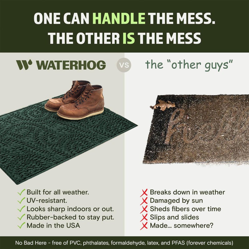 WaterHog Boxwood Front Door Mat Indoor Outdoor Entrance, Absorbent All-Weather Doormat with Non-Slip Rubber Backing, Dirt & Moisture Trapper, Low Profile & Easy Clean, Made in USA, 23"x36" Evergreen - Image 5